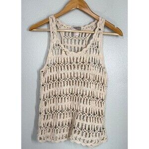 Love 21 Boho Crochet Tank Top Sz M‎ Beige Lagenlook Hippie Blouse Metallic Beads